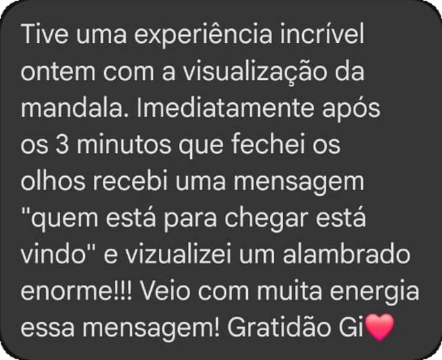 Tive uma experiência incrível ontem com a visualização da mandala. Imediatamente após os 3 minutos que fechei os olhos recebi uma mensagem "quem está para chegar está vindo" e vizualizei um alambrado enorme!!! Veio com muita energia essa mensagem! Gratidão Gi
