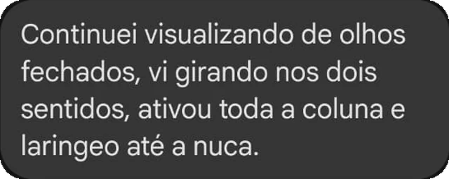 Continuei visualizando de olhos fechados, vi girando nos dois sentidos, ativou toda a coluna e laringeo até a nuca.